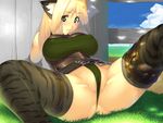  animal_ears blonde_hair breasts cameltoe camouflage covered_nipples day fantasy_earth_zero fat_mons green_eyes huge_breasts panties partially_visible_vulva solo spread_legs sweat thighhighs under_shot underwear yn_red 