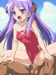  1girl blue_eyes breasts censored clothed_sex covered_nipples hetero hiiragi_kagami lucky_star mosaic_censoring nyamota one-piece_swimsuit penis purple_hair pussy sex small_breasts solo_focus spread_legs swimsuit swimsuit_aside vaginal 