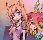  2girls :o ahri_(league_of_legends) alternate_costume animal_ears bangs bare_shoulders blonde_hair bow bowtie breasts cleavage collarbone couch covered_collarbone floating fox_ears fox_girl green_bow green_bowtie hair_ornament heart heart_necklace league_of_legends long_hair looking_at_another medium_breasts multiple_girls neeko_(league_of_legends) official_alternate_costume phantom_ix_row pink_hair pink_shirt see-through shirt short_sleeves sitting star_(symbol) star_guardian_(league_of_legends) star_guardian_ahri star_guardian_neeko wings 