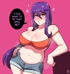  1girl andro_juniarto bangs bare_shoulders blush breasts cleavage crop_top denim doki_doki_literature_club dripping eyelashes hair_ornament hairclip hand_on_hip heart large_breasts leaning_on_object lips long_hair looking_at_viewer midriff orange_shirt pink_background plump puckered_lips purple_eyes purple_hair shirt short_shorts shorts strap_slip sweat tank_top thighs yuri_(doki_doki_literature_club) 