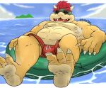  2022 anthro belly big_belly bodily_fluids bowser bragotiger bulge clothing eyewear feet humanoid_hands koopa male mario_bros moobs musk nintendo nipples outside overweight overweight_male scalie solo sunglasses sweat swimwear video_games water 