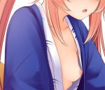  1girl blush breast_slip breasts collarbone commentary_request fang fate/extra fate_(series) haryuu_(poetto) head_out_of_frame highres japanese_clothes kimono long_hair nipples open_mouth pink_hair simple_background small_breasts solo tamamo_(fate) tamamo_no_mae_(fate/extra) twintails upper_body white_background white_kimono yukata 
