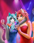  absurd_res accessory alcohol anthro apple apple_inc. beverage blue breasts camilla_queen canid canine canis cellphone clothed clothing curvaceous curvy_figure cutefurry domwolf dress duo embrace eyes fan_character female female/female fox foxwolf furry hi_res holding_(disambiguation) hug invalid_tag iphone lucareelo mammal party phone queen red royalty shoftshade skye_(disambiguation) smartphone smile stern tongue voluptuous wine wolf 