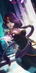  1girl 2017 bangs bare_shoulders black_dress breasts circlet cleavage closed_mouth dota_(series) dota_2 dress green_eyes hair_over_one_eye highres ja1990 lips long_hair looking_at_viewer pointy_ears ponytail purple_hair smile solo templar_assassin_(dota) 