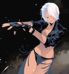  1girl angel_(kof) black_background blue_eyes bra breasts chaps cofffee cropped_jacket fingerless_gloves gloves hair_over_one_eye jacket large_breasts leather leather_jacket panties simple_background smirk snk strapless strapless_bra the_king_of_fighters the_king_of_fighters_xiv toned underwear 