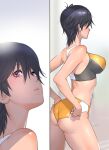  1girl adjusting_buruma adjusting_clothes ass bare_shoulders black_hair breasts buruma commentary cowboy_shot face from_side kotoyoshi_yumisuke large_breasts looking_up midriff multiple_views original parted_lips purple_eyes short_hair sports_bra thighs toned wedgie 