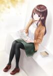  1girl absurdres autumn_leaves bangs blush book brown_hair cardigan eyebrows_visible_through_hair free_palet highres holding holding_book knees_together_feet_apart loafers long_hair long_sleeves looking_at_viewer original pantyhose parted_lips pleated_skirt purple_eyes reading shoes sitting skirt solo tareme 