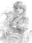  1girl bangs breasts dated dress expressionless eyebrows_behind_hair greyscale highres jewelry juliet_sleeves large_breasts lips long_hair long_sleeves looking_at_viewer monochrome nose original puffy_sleeves realistic signature solo upper_body vlfdus_0 