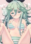  1girl bangs black_ribbon bra braid breasts cameltoe green_eyes green_hair hair_between_eyes hair_flaps hair_ornament hair_ribbon hairclip kantai_collection long_hair navel panties parted_bangs ponytail ribbon sanninme_no_haru side_braids sidelocks small_breasts solo striped striped_bra striped_panties twin_braids underwear yamakaze_(kancolle) yamakaze_kai_ni_(kancolle) 