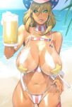  1girl alcohol areola_slip bare_shoulders beach beer beer_mug blonde_hair breasts collarbone commentary_request cowboy_hat cowboy_shot cup green_eyes hair_between_eyes halterneck hat highres holding holding_cup huge_breasts kotoyoshi_yumisuke mature_female medium_hair mug navel ocean one-piece_swimsuit original pasties pink_legwear revealing_clothes revision shiny shiny_skin skindentation solo standing star_pasties stomach striped striped_swimsuit sweat sweatband swimsuit tan tanlines tassel thighhighs thighs vertical_stripes 