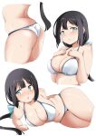  1girl absurdres ass bikini black_hair breasts green_eyes highres kanosawa large_breasts long_hair looking_at_viewer low_twintails lying multiple_views on_side simple_background swimsuit tougou_mimori twintails white_background white_bikini yuusha_de_aru 