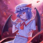  1girl absurdres ascot bangs bat_wings black_wings blue_hair blush bow commentary crimsonknigh_t fang frilled_shirt frilled_shirt_collar frills hair_between_eyes hand_up hat hat_ribbon head_tilt highres looking_at_viewer mob_cap moon moonlight petals pointy_ears puffy_short_sleeves puffy_sleeves red_ascot red_bow red_eyes red_moon red_nails red_ribbon remilia_scarlet ribbon shirt short_hair short_sleeves skirt smile solo touhou tree upper_body vampire waist_bow wavy_hair white_headwear white_shirt white_skirt wings wrist_cuffs 