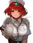  absurdres bare_arms blush breasts hat highres holding id_card large_breasts looking_at_viewer name_tag nurse nurse_cap pyra_(xenoblade) red_eyes red_hair shirt short_hair signature smile stethoscope tarbo_(exxxpiation) white_shirt xenoblade_chronicles_(series) xenoblade_chronicles_2 