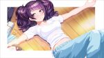  1girl bag bangs blue_pants blush breasts closed_mouth commentary_request diagonal_bangs drawstring feet_out_of_frame idolmaster idolmaster_shiny_colors knees_up lying medium_breasts midriff_peek navel o_(rakkasei) on_back on_floor outstretched_arms pants purple_eyes purple_hair see-through shirt short_sleeves solo spread_arms tanaka_mamimi wet wet_clothes wet_shirt white_shirt wooden_floor 