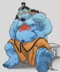  2022 absurd_res anthro belly big_belly blue_body blush bragotiger feet fish-men_(one_piece) hi_res humanoid_hands jinbe male marine moobs navel nipples one_piece overweight overweight_male sitting solo 