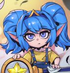  1girl bangs blue_hair blue_hairband brown_shirt cleaning eyebrows_visible_through_hair fang feathers gradient gradient_background hairband holding holding_staff league_of_legends long_hair overalls phantom_ix_row pointy_ears poppy_(league_of_legends) shiny shiny_hair shirt solo staff star_guardian_(league_of_legends) star_guardian_poppy twintails upper_body yordle 