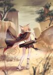  1girl absurdres animal_ears ankleband arknights arrow_(projectile) black_cape black_shorts bow_(weapon) cape fox_ears fox_girl from_behind full_body grey_sky hair_ornament hairclip highres holding holding_bow_(weapon) holding_weapon infection_monitor_(arknights) looking_at_viewer looking_back natsuba002 no_tail notched_ear orange_eyes orange_hair outdoors quiver shirt shorts solo tree vermeil_(arknights) weapon white_footwear white_shirt 