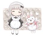  1girl :3 alternate_costume apron bangs black_bow black_dress black_footwear blush_stickers bow character_name chibi chite_mi closed_eyes closed_mouth commentary_request danganronpa_(series) danganronpa_2:_goodbye_despair dress enmaided eyebrows_visible_through_hair frilled_dress frills full_body gem heart long_sleeves maid maid_headdress nanami_chiaki notice_lines open_mouth pink_bow puffy_short_sleeves puffy_sleeves shiny shiny_hair short_sleeves striped striped_background thighhighs usami_(danganronpa) white_apron white_legwear 
