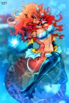  anthro breasts clothed clothing digital_media_(artwork) female fin fish hair leonifa looking_at_viewer marine red_body red_eyes red_hair shihari short_stack smile solo wide_hips 