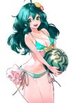  1girl ahoge bikini bow breasts cowboy_shot flower food frills fruit green_bikini green_eyes green_hair hair_flower hair_ornament holding holding_food holding_fruit jewelry long_hair lostdog121 maria_(housamo) medium_breasts navel necklace open_mouth ribbon smile solo swimsuit thighhighs thighs tokyo_afterschool_summoners watermelon wavy_hair white_background yellow_bow zettai_ryouiki 