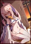  1girl absurdres ayanami_(azur_lane) azur_lane blush breasts choker clothing_cutout commentary_request detached_sleeves eyebrows_visible_through_hair eyes_visible_through_hair grey_hair groin hair_between_eyes hair_ornament hairclip headgear highres juiceneko lifted_by_self long_hair long_sleeves looking_at_viewer mouth_hold navel orange_eyes panties pleated_skirt ponytail retrofit_(azur_lane) ribbon-trimmed_sleeves ribbon_trim school_uniform serafuku shade sidelocks sitting skirt solo stomach thighhighs underboob underwear wariza white_legwear white_panties wide_sleeves 