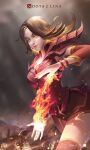  1girl absurdres bare_shoulders breasts cleavage closed_mouth dota_(series) dota_2 dress fire highres ja1990 lina_inverse_(dota_2) lips long_hair looking_at_viewer orange_eyes orange_hair red_dress red_legwear red_sleeves smoke solo thighhighs 