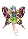  1girl antennae aqua_hair barefoot blush butterfly_wings dress eternity_larva fairy full_body green_dress highres leaf leaf_on_head looking_at_viewer miujo multicolored_clothes multicolored_dress open_mouth orange_eyes short_hair short_sleeves simple_background smile solo touhou white_background wings 