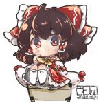  1girl ahoge ascot blush bow brown_hair chibi detached_sleeves dnk full_body hair_bow hair_tubes hakurei_reimu highres kneehighs looking_at_viewer looking_to_the_side red_bow red_eyes red_skirt ribbon-trimmed_sleeves ribbon_trim sitting skirt smile solo touhou white_background 