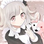  1girl apron bangs black_dress blunt_bangs blush bow chite_mi commentary danganronpa_(series) danganronpa_2:_goodbye_despair dress ear_bow eyebrows_visible_through_hair flipped_hair heterochromia long_sleeves maid_headdress medium_hair monomi_(danganronpa) nanami_chiaki pink_background pink_bow pink_eyes white_apron white_background 