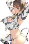 1girl animal_ears animal_print armpits arms_up ass bare_shoulders bell breasts brown_hair cleavage_cutout clothing_cutout commentary_request covered_nipples cow_ears cow_girl cow_print cow_tail cowbell cowboy_shot ear_tag elbow_gloves from_side gloves green_eyes halter_top halterneck heart_cutout highres kotoyoshi_yumisuke large_breasts lips mature_female nipple_piercing original parted_lips piercing piercing_through_clothes short_hair simple_background skindentation sleeveless solo tail tail_through_clothes thighs thong white_background 