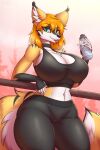  2022 anthro big_breasts black_bottomwear black_clothing black_topwear blep bottomwear breasts canid canine cleavage clothed clothing complextree female fingerless_gloves fox gloves handwear hi_res inner_ear_fluff mammal pants solo tongue tongue_out topwear tuft 