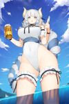  1girl absurdres alcohol bangs bare_shoulders beer blunt_bangs boat breasts cameltoe choker cloud cloudy_sky collarbone covered_navel covered_nipples cow_horns cowboy_shot dutch_angle foreshortening from_below grey_eyes grey_hair groin highleg highleg_leotard highres holding holding_tray horns large_breasts leotard long_hair looking_at_viewer migu_(iws2525) ocean open_mouth original outdoors partially_underwater_shot pointy_ears ribbed_shirt sailboat shirt sky smile thigh_strap tray very_long_hair wading waitress water watercraft 
