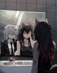  2girls animal_ears arknights bathroom black_hair black_tank_top blood formal hair_ornament hair_over_one_eye hairclip highres holding_another&#039;s_arm lappland_(arknights) long_hair mirror multiple_girls nail_polish necktie oripathy_lesion_(arknights) red_(girllove) suit tail tank_top texas_(arknights) white_hair wolf_ears wolf_girl 