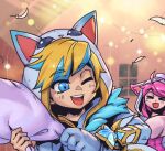  1boy 1girl :d ahoge animal_hood bangs blonde_hair blue_hair blush cat_hood eyebrows_visible_through_hair ezreal feathers gloves happy holding hood hood_up league_of_legends lux_(league_of_legends) multicolored_hair one_eye_closed open_mouth pajama_guardian_ezreal pajama_guardian_lux phantom_ix_row pink_hair shiny shiny_hair smile star_(symbol) teeth upper_body upper_teeth 