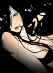  1girl bare_shoulders black_background black_eyes black_hair blush breasts commentary_request completely_nude dutch_angle hair_over_one_eye kotoyoshi_yumisuke large_breasts lips long_hair nipples nude open_mouth original solo upper_body 