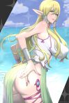  1girl artist_name ass ass_focus bangs bare_shoulders beach blonde_hair bracer breasts commentary_request covered_nipples earrings elf from_behind green_eyes green_skirt hair_between_eyes highres jewelry kotoyoshi_yumisuke large_breasts leaning_forward long_hair looking_at_viewer looking_back mature_female nail_polish original outdoors panties parted_lips perky_breasts pinching pointy_ears puffy_nipples purple_nails ringed_eyes shirt side_slit sidelocks skindentation skirt sleeveless sleeveless_shirt solo thigh_strap underwear very_long_hair white_panties white_shirt 