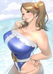  1girl bare_shoulders beach belt blue_swimsuit breasts brown_eyes brown_hair casual_one-piece_swimsuit cleavage cloud collarbone commentary_request cowboy_shot dated day finger_to_mouth gundam gundam_build_fighters gundam_build_fighters_try hand_on_hip highres huge_breasts kotoyoshi_yumisuke lips looking_at_viewer looking_to_the_side mature_female ocean one-piece_swimsuit outdoors parted_lips plump sazaki_kaoruko signature sky smile solo strapless strapless_swimsuit swimsuit thick_arms twintails water 