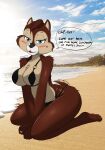  anthro big_breasts bikini blue_eyes blush breasts brown_body chip&#039;s_mom_(disney) chip_&#039;n_dale_rescue_rangers chipmunk clothing disney english_text female fur ground_squirrel hi_res jewelry looking_at_viewer mammal markings mature_female mole_(marking) photo_background ring rodent sciurid slightly_chubby smile solo swimwear tan_body tan_fur text thick_thighs vexxyvex 