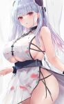 1girl absurdres azur_lane bangs belt black_choker blunt_bangs blush breasts bun_cover choker cleavage clothing_request dido_(azur_lane) double_bun hair_ornament hairpin highres large_breasts light_blue_hair long_hair looking_at_viewer lshiki parted_lips red_eyes solo underboob 