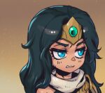  1girl bangs black_hair blue_eyes blush brown_background clenched_teeth gem gradient gradient_background grey_scarf hair_ornament league_of_legends long_hair phantom_ix_row portrait scarf shiny shiny_hair sivir solo teeth 