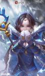  1girl alternate_hair_color blue_cape blue_dress blue_eyes blue_hood breasts brown_hair cape circlet cleavage covering_mouth crystal crystal_maiden dota_(series) dota_2 dress forehead_jewel gloves highres ja1990 long_hair looking_at_viewer mittens snowing solo wand white_gloves 