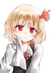  1girl absurdres black_vest blonde_hair blush closed_mouth collared_shirt eyebrows_visible_through_hair hair_ribbon highres kabi_killer long_sleeves looking_at_viewer red_eyes red_ribbon ribbon rumia shirt short_hair simple_background solo touhou upper_body vest white_background white_shirt 
