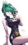  1girl absurdres bangs bare_shoulders black_dress breasts china_dress chinese_clothes covered_navel covered_nipples dragon_print dress english_commentary green_eyes green_hair hair_between_eyes hair_intakes highres holding holding_phone large_breasts looking_at_viewer oni-sanart phone selfie shaman_king short_hair sleeveless sleeveless_dress spiked_hair tao_jun taut_clothes taut_dress updo 