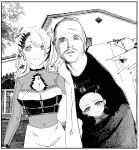  1boy 1girl absurdres antlers beanie border breaking_bad breasts ceres_fauna cleavage cleavage_cutout clothing_cutout covered_navel crossover facial_hair greyscale hat highres hololive hololive_english hood hoodie house jesse_pinkman leaning_to_the_side mole mole_under_eye monochrome mustache parted_lips print_shirt shirt skirt smile virtual_youtuber white_border xyanaid 