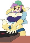  absurd_res anthro big_breasts bottomwear bouncing bouncing_breasts breasts canid canine canis cleavage clothed clothing domestic_dog eyes_closed female floppy_ears fluffy fluffy_tail fur hair hat headgear headphones headwear hi_res hotpants huge_breasts jacket mammal midriff purple_hair record rook_(skidd) shorts simple_background skidd solo standing topwear tube_top vinyl white_background yellow_body yellow_fur 