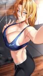  1girl 2022 abs absurdres armpits artist_name ass bangs bleach blonde_hair blue_eyes blush breasts castell cleavage english_text gym highres holding holding_phone indoors large_breasts looking_at_viewer matsumoto_rangiku medium_hair parted_lips phone selfie solo sports_bra standing sweat teeth thighs v 