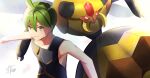  1boy aaron_(pokemon) ahoge bangs bare_arms black_shirt claws closed_mouth commentary dessymus green_eyes green_hair hair_between_eyes highres male_focus pokemon pokemon_(game) pokemon_dppt shirt short_hair signature sleeveless sleeveless_shirt vespiquen white_background zipper_pull_tab 
