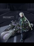  1girl bangs black_gloves black_hairband boots brown_eyes character_name character_request closed_mouth commentary copyright_name english_text eyebrows_visible_through_hair fingerless_gloves flatbox full_body girls&#039;_frontline gloves green_jacket grey_hair ground_vehicle gun h&amp;k_mg4 hairband handgun heavily_armed_high_school_girls highres holding holding_gun holding_weapon jacket long_hair long_sleeves looking_at_viewer machine_gun mg4_(girls&#039;_frontline) mod3_(girls&#039;_frontline) motor_vehicle motorcycle pistol road road_sign scenery sign sitting smile solo very_long_hair weapon 