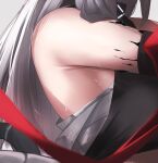  1girl ao_oni_(onioni-aoi) arknights armpit_focus armpits bandages bare_shoulders breasts collar grey_hair head_out_of_frame highres infection_monitor_(arknights) large_breasts long_hair mudrock_(arknights) oripathy_lesion_(arknights) sarashi simple_background solo sports_bra upper_body white_background 