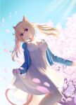  1girl animal_ear_fluff animal_ears artist_name bangs blonde_hair blue_jacket blue_sky breasts cat_ears cat_girl cat_tail cherry_blossoms cleavage closed_mouth collarbone day dress eyebrows_visible_through_hair falling_petals flower hair_ribbon hanami highres jacket large_breasts long_hair long_sleeves looking_at_viewer open_clothes open_jacket original outdoors petals pink_flower purple_eyes ribbon skirt_hold sky smile solo spring_(season) standing tail tree twintails watermark white_dress white_ribbon wind yuma_(594986561) 